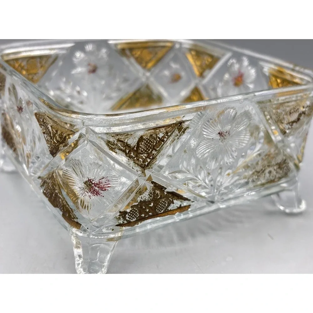 Vintage Crystal Glass Candy Dish‎ Footed Gold Gilt Floral Etched Decor
